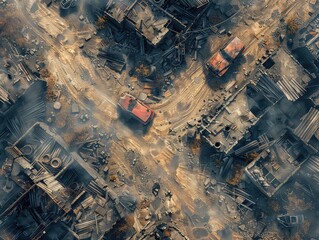 Aerial view of a Post-Apocalyptic Wasteland: Visualize a desolate wasteland with crumbling buildings, abandoned vehicles, and survivors scavenging for resources - obrazy, fototapety, plakaty