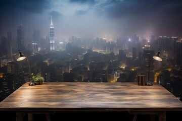 Empty board table on terrace with panoramic cityscape view at night for business meetings