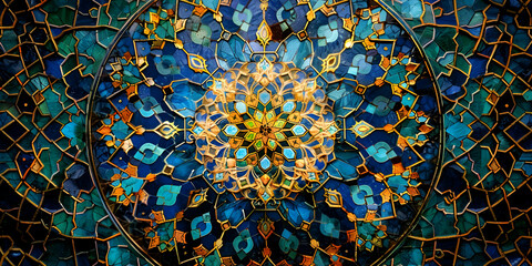 Islamic art background, A colorful stained glass pattern with a geometric design., 

