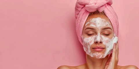 portrait of a beautiful girl in a towel on her head, foam for washing, the concept of clean skin and self-care, cleansing and moisturizing the skin, pink background
