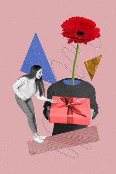 Collage poster of cheerful happy woman receive gift celebrate valentine day romance date isolated on darwing background