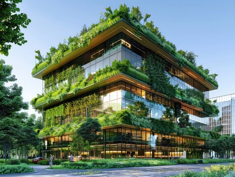Nature-inspired Office - Eco-friendly Architecture - Glass Facades - Craft an image of a nature-inspired office building with eco-friendly architecture, featuring glass facades that integrate