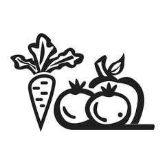 Creative flat icon logo of carrot tomato collaboration in black color.