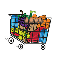 Shopping cart or trolley full of vegetables. Supermarket shopper cart to buy food flat vector illustration.
