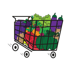 Supermarket shopper cart to buy food flat vector illustration. Shopping cart full of vegetables.