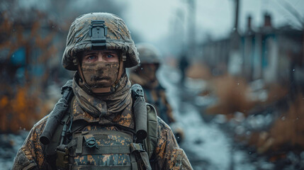 Ukrainian serviceman soldier of the territorial battalion during hostilities. The concept of the war in Ukraine. Copy space - obrazy, fototapety, plakaty