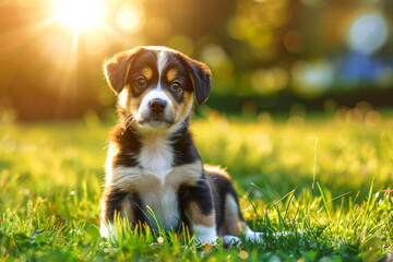 Cute little puppy sitting on green grass in sunlight - 758794808