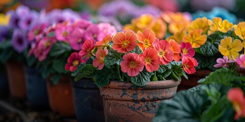 Bright blooming summer flowers, including geraniums and petunias in pots close-up. - obrazy, fototapety, plakaty