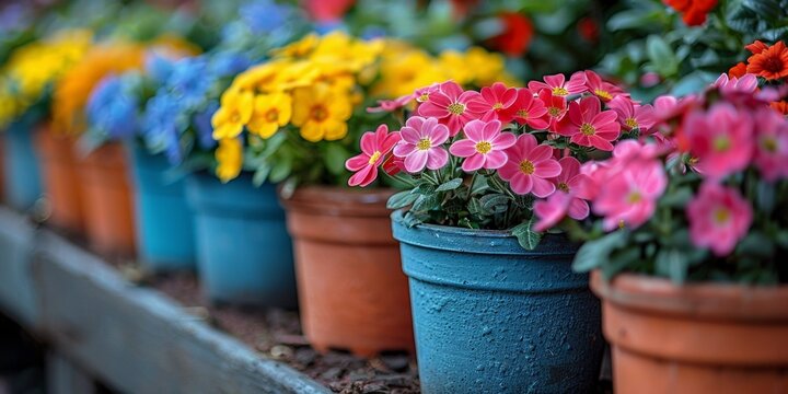 In a burst of colors, vibrant flowers bloom in pots, enhancing the beauty of nature.