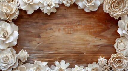 old wood Particle Board with white paper rose flower frame for text.