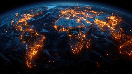 our world with a mesmerizing 3D graphic featuring glowing lines intricately woven around the globe, creating a captivating visual representation of global connectivity.