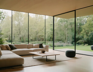 Contemporary Living Room Design with large panoramic windows, AI Generation