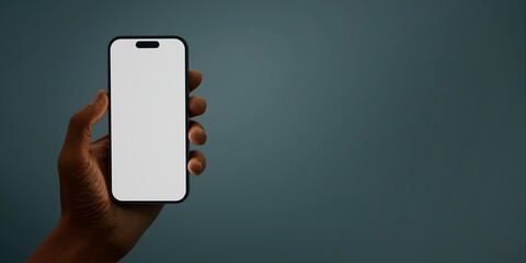 Black African-American hand displays a modern smartphone with a blank screen 