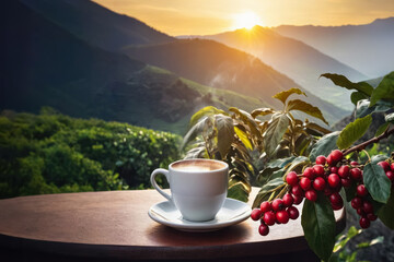 hot coffee in white cup on table with red beans and plantations on sunrise - obrazy, fototapety, plakaty