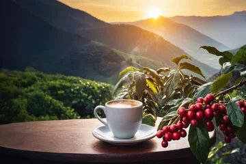 Foto op Plexiglas hot coffee in white cup on table with red beans and plantations on sunrise © alter_photo