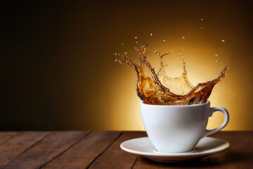 cup of coffee or tea with splash on wooden table