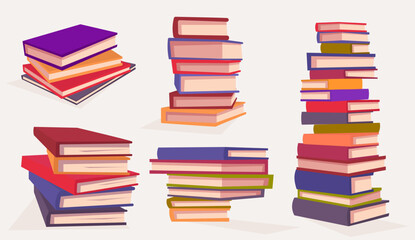 A variety of books in different shapes, sizes, and colors are neatly stacked on top of each other in perfect symmetry, showcasing a beautiful collection of publications. Vector illustration