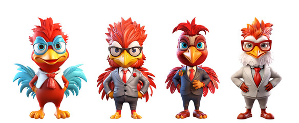 Set of illustrations of a chicken businessman on a transparent  background.