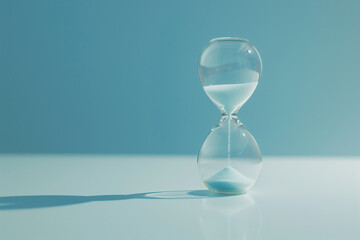 close-up shot of an hourglass against a minimalist blue backdrop, capturing the quiet intensity of time slipping away as deadlines approach - obrazy, fototapety, plakaty