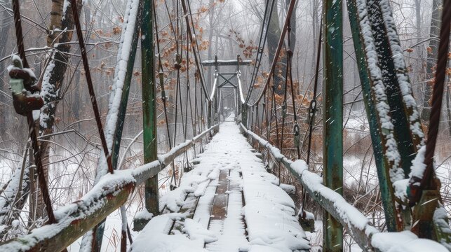 old wooden hanging footbridge in the winter