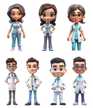 Set of cartoon illustrations of doctors on transparent background.