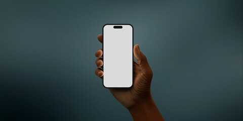 Black African-American hand displays a modern smartphone with a blank screen  - 758796217