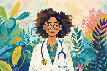 A heartwarming illustration of a smiling female doctor, harmoniously blended with a vibrant botanical setting