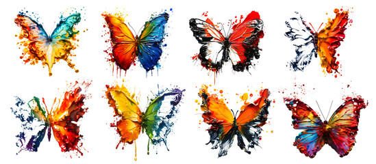 Set of colorful butterfly illustrations on transparent background.