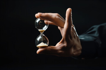 A close-up shot of a hand reaching out to flip over an hourglass, capturing the intensity of time ticking away as deadlines loom - obrazy, fototapety, plakaty