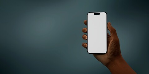 Black African-American hand displays a modern smartphone with a blank screen  - 758796477