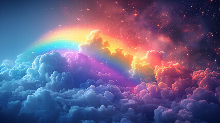 See a whimsical illustration of a cheerful rainbow emerging from a fluffy white cloud, its vibrant colors spreading across the sky in a playful dance, evoking a sense of childlike