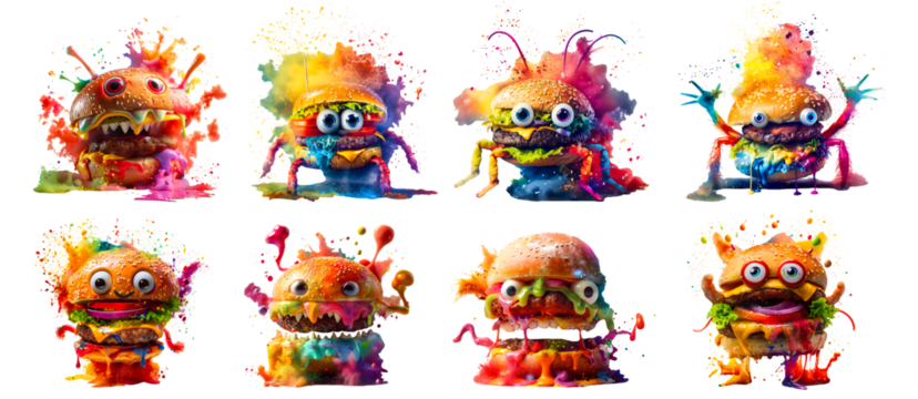 Set of colorful burger illustrations on transparent background.