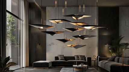 a group of sleek, modern pendant lights featuring geometric lampshades, suspended gracefully from regular electric cables, adding a touch of contemporary elegance.