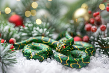 A patterned green python nestles in a snowy scene, surrounded by lush pine and vibrant holiday baubles, offering an unusual twist to festive decor.