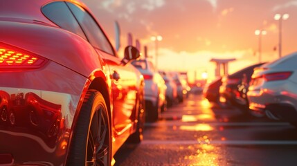 Red car stands out in dealership as sun sets, lights on. Sunset lights up car lot, red vehicle stands out sharply.