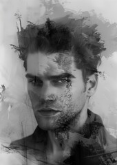 Paintography. Meditative portrait of attractive man combined with watercolor drawing
