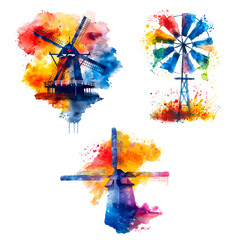 Set of windmill illustrations on transparent background.	