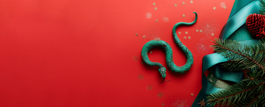 A striking teal serpent coils amongst Christmas decor on a vibrant red backdrop, with a touch of holiday sparkle.
