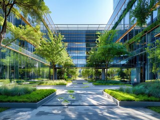 Eco-conscious Corporate Campus - Tree-lined Streets - Modern Design - Generate visuals of an eco-conscious corporate campus, with tree-lined streets and modern architecture featuring glass exteriors
