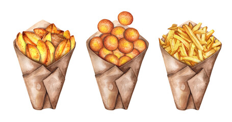Street food in a paper cornet. Watercolor illustration