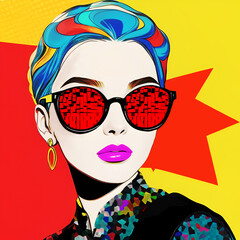 volto di donna con capelli colorati e occhiali da sole stile pubblicitario americano illustrativo fumetto colorato pop art vintage anni 70 - obrazy, fototapety, plakaty
