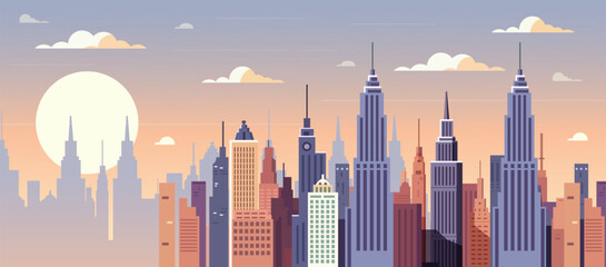 City skyline with skyscrapers and tower blocks against a sunset backdrop. The city skyline is illuminated by the setting sun, casting warm glow on skyscrapers and tower blocks. Vector illustration