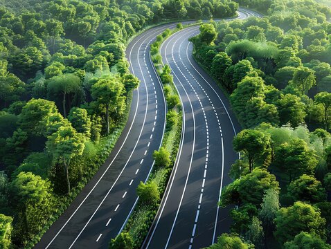 Eco-friendly Highway - Aerial View - Woodland Scene - Generate visuals of an eco-friendly highway from an aerial perspective, showcasing a scenic woodland scene with lush trees and foliage