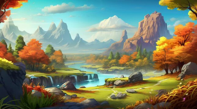 Golden Tranquility: An autumn landscape painted in hues of gold and amber, with leaves rustling gently in the crisp  Seamless looping 4k time-lapse virtual video animation background. Generated AI