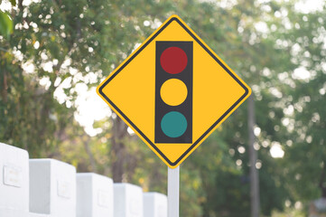 Selective focus of Thailand traffic lights ahead sign. 