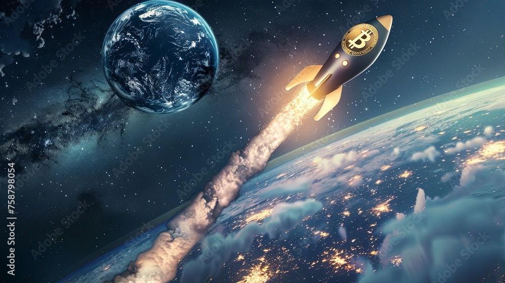 Aufkleber bitcoin-themed rocket launch into outer space a dramatic depiction of a bitcoin-emblazoned rocket so