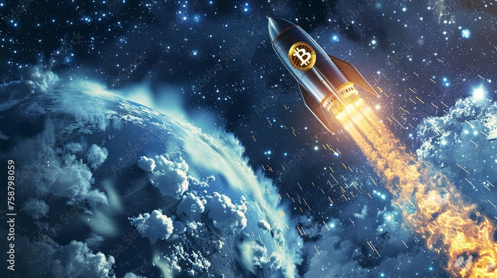 Poster bitcoin rocket launching into space from earth a conceptual image of a bitcoin-themed rocket soaring