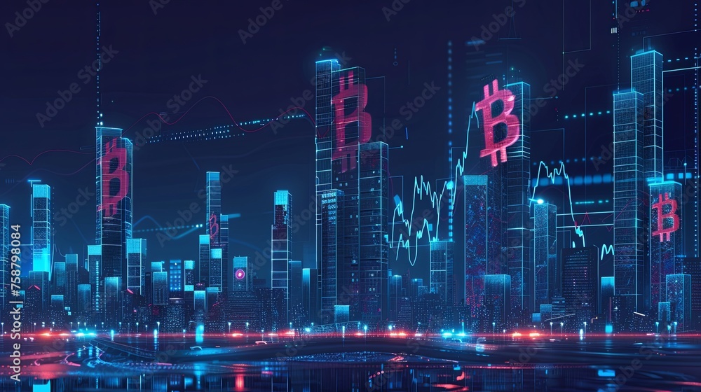 Poster futuristic cityscape with bitcoin and financial graphs a futuristic visualization of a cityscape at 