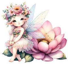 Fototapeta premium Magical fairy with flower watercolor clipart, Playful fairy clipart