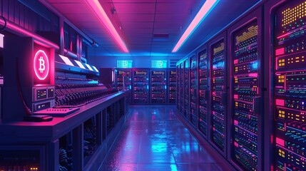 Futuristic Bitcoin Mining Data Center A neon-lit Bitcoin mining data center with advanced server racks, highlighting the powerful computational technology driving cryptocurrency networks.

